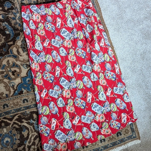 ‼️ SOLD Vintage Y2K Intriguing Threads Red Lantern Print Midi Slip Skirt - Picture 3 of 5